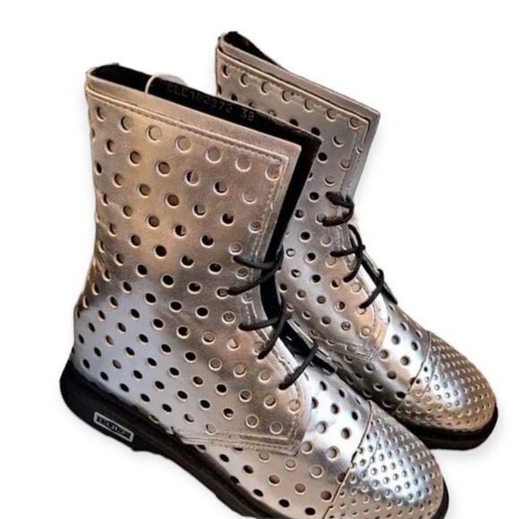 Silver Cut Out Lace Up Tall Ankle Boots NEW - Picture 3 of 4